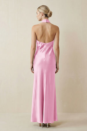 Halter Sheath Satin Bridesmaid Dress in Pink - KissProm Bridesmaid Dresses
