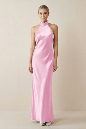 Halter Sheath Satin Bridesmaid Dress in Pink - KissProm Bridesmaid Dresses