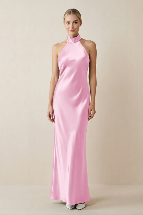 Halter Sheath Satin Bridesmaid Dress in Pink - KissProm Bridesmaid Dresses