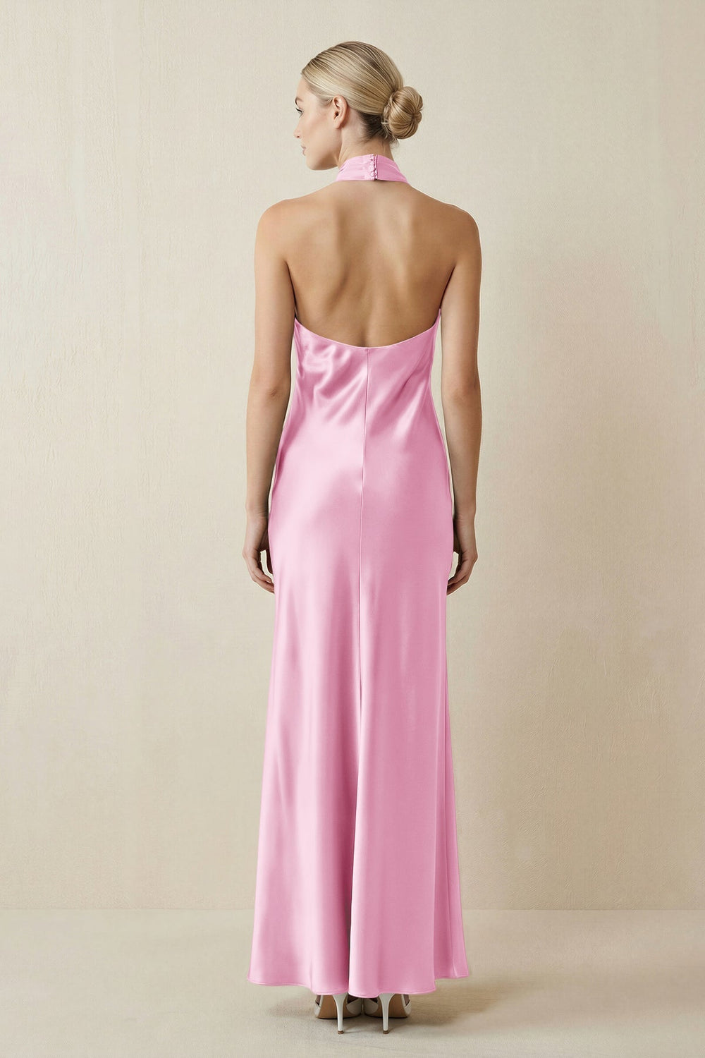 Halter Sheath Satin Bridesmaid Dress in Pink - KissProm Bridesmaid Dresses