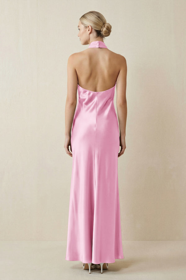 Halter Sheath Satin Bridesmaid Dress in Pink - KissProm Bridesmaid Dresses