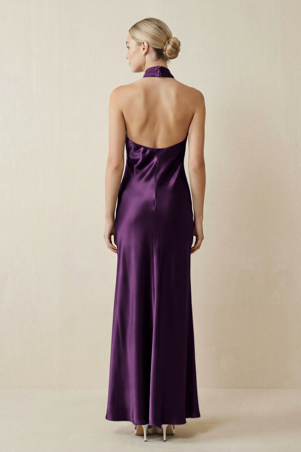 Halter Sheath Satin Bridesmaid Dress in Plum - KissProm Bridesmaid Dresses