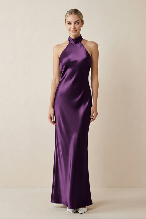 Halter Sheath Satin Bridesmaid Dress in Plum - KissProm Bridesmaid Dresses