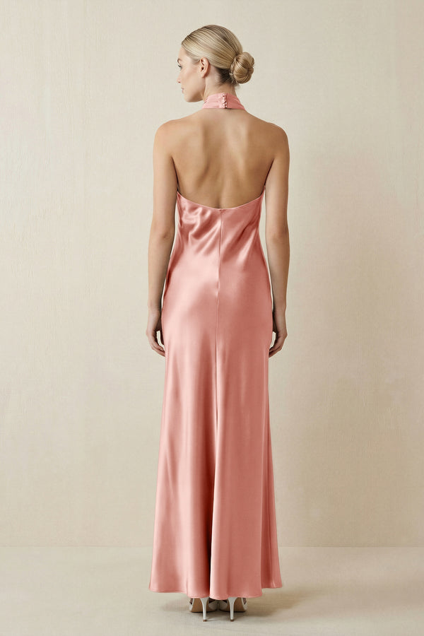 Halter Sheath Satin Bridesmaid Dress in Rose Petal - KissProm Bridesmaid Dresses
