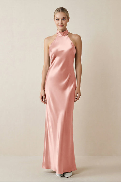 Halter Sheath Satin Bridesmaid Dress in Rose Petal - KissProm Bridesmaid Dresses