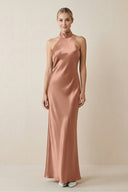 Halter Sheath Satin Bridesmaid Dress in Rosette - KissProm Bridesmaid Dresses