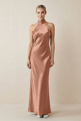 Halter Sheath Satin Bridesmaid Dress in Rosette - KissProm Bridesmaid Dresses