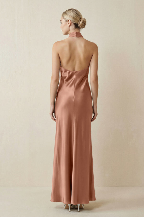 Halter Sheath Satin Bridesmaid Dress in Rosette - KissProm Bridesmaid Dresses