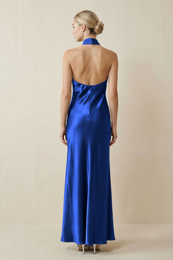 Halter Sheath Satin Bridesmaid Dress in Royal Blue - KissProm Bridesmaid Dresses
