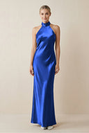 Halter Sheath Satin Bridesmaid Dress in Royal Blue - KissProm Bridesmaid Dresses