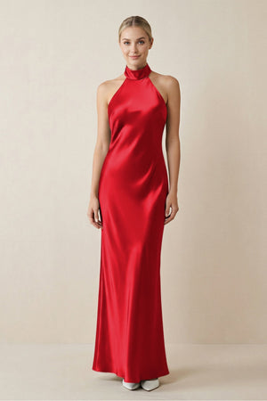 Halter Sheath Satin Bridesmaid Dress in Ruby Red - KissProm Bridesmaid Dresses