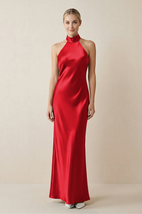 Halter Sheath Satin Bridesmaid Dress in Ruby Red - KissProm Bridesmaid Dresses