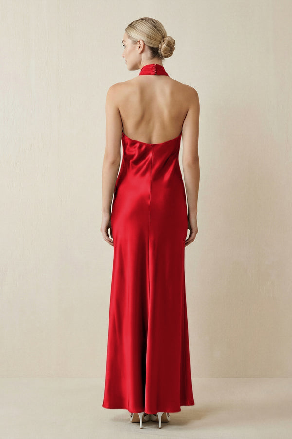 Halter Sheath Satin Bridesmaid Dress in Ruby Red - KissProm Bridesmaid Dresses