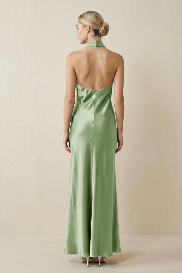 Halter Sheath Satin Bridesmaid Dress in Sage - KissProm Bridesmaid Dresses