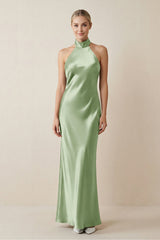 Halter Sheath Satin Bridesmaid Dress in Sage - KissProm Bridesmaid Dresses