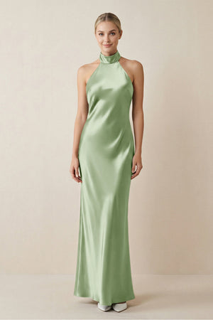 Halter Sheath Satin Bridesmaid Dress in Sage - KissProm Bridesmaid Dresses