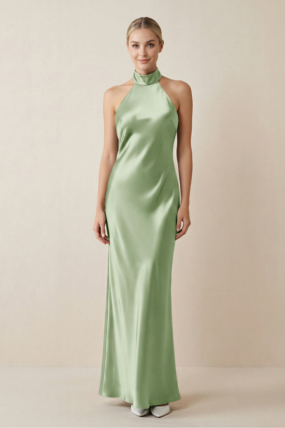 Halter Sheath Satin Bridesmaid Dress in Sage - KissProm Bridesmaid Dresses