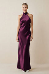 Halter Sheath Satin Bridesmaid Dress in Sangria - KissProm Bridesmaid Dresses