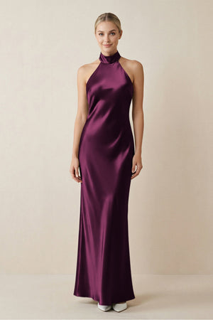 Halter Sheath Satin Bridesmaid Dress in Sangria - KissProm Bridesmaid Dresses