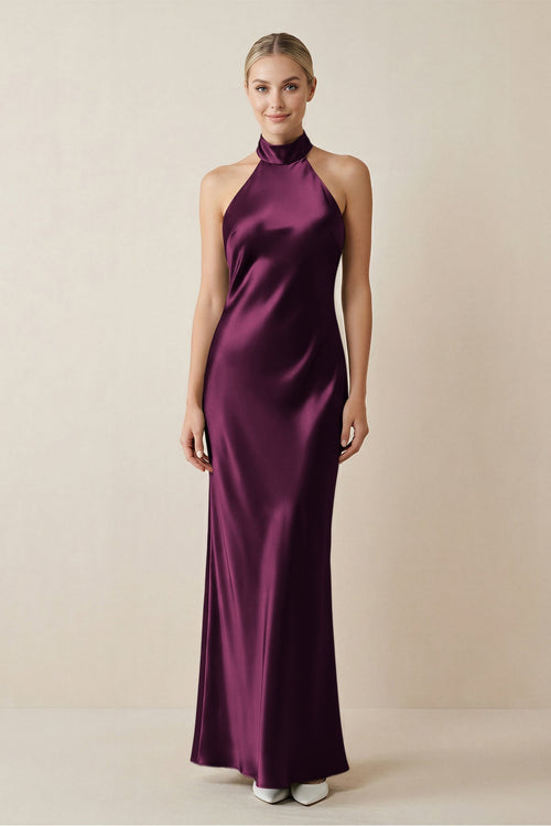 Halter Sheath Satin Bridesmaid Dress in Sangria - KissProm Bridesmaid Dresses