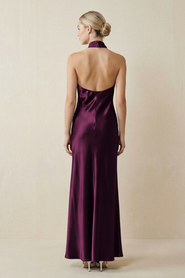 Halter Sheath Satin Bridesmaid Dress in Sangria - KissProm Bridesmaid Dresses