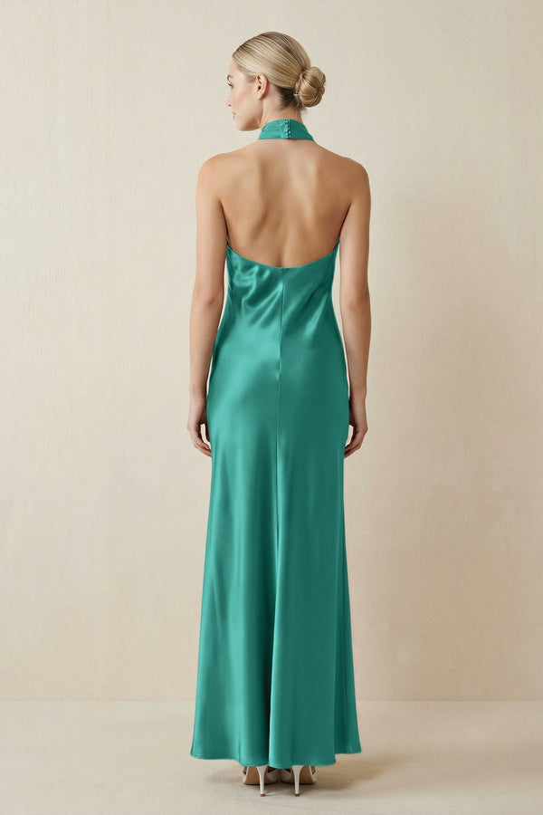 Halter Sheath Satin Bridesmaid Dress in Sea Glass - KissProm Bridesmaid Dresses