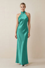 Halter Sheath Satin Bridesmaid Dress in Sea Glass - KissProm Bridesmaid Dresses
