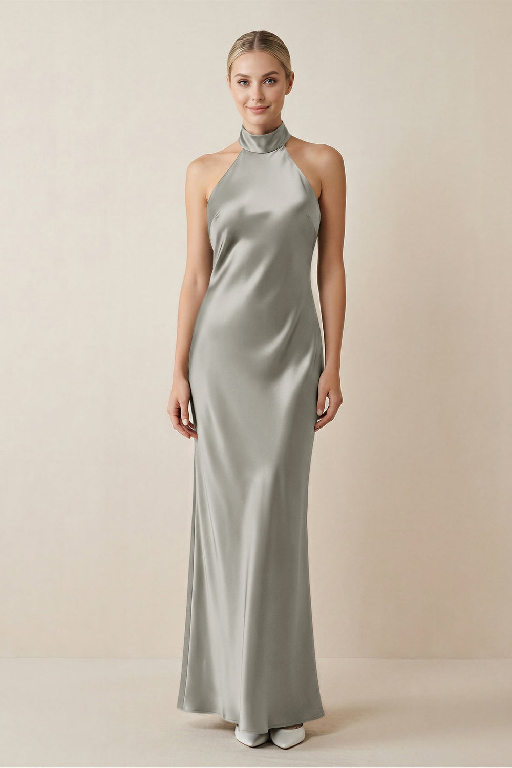 Halter Sheath Satin Bridesmaid Dress in Silver - KissProm Bridesmaid Dresses