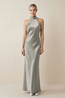 Halter Sheath Satin Bridesmaid Dress in Silver - KissProm Bridesmaid Dresses