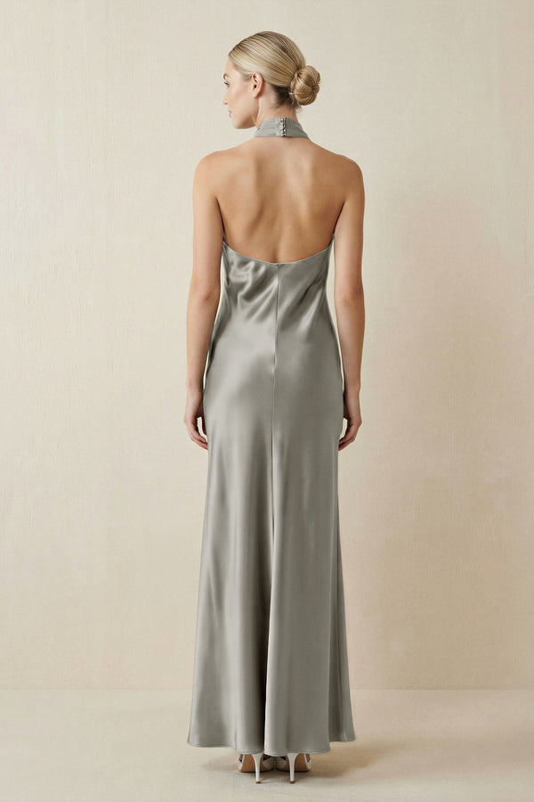 Halter Sheath Satin Bridesmaid Dress in Silver - KissProm Bridesmaid Dresses