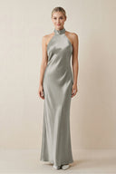 Halter Sheath Satin Bridesmaid Dress in Silver - KissProm Bridesmaid Dresses