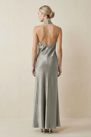 Halter Sheath Satin Bridesmaid Dress in Silver - KissProm Bridesmaid Dresses