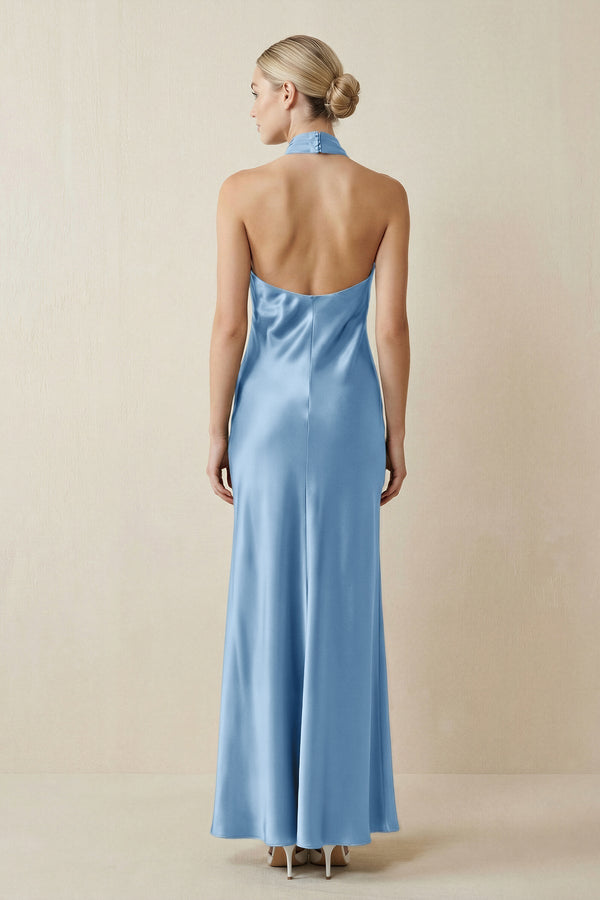 Halter Sheath Satin Bridesmaid Dress in Sky Blue - KissProm Bridesmaid Dresses