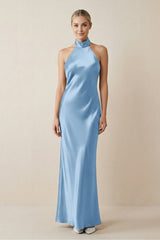 Halter Sheath Satin Bridesmaid Dress in Sky Blue - KissProm Bridesmaid Dresses