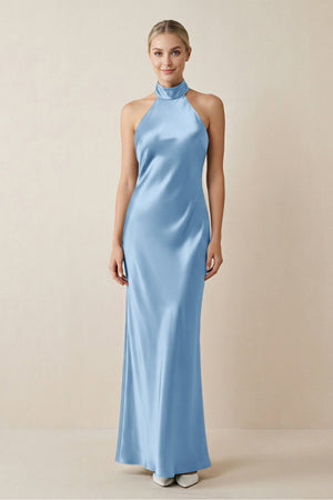 Halter Sheath Satin Bridesmaid Dress in Sky Blue - KissProm Bridesmaid Dresses