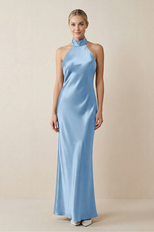 Halter Sheath Satin Bridesmaid Dress in Sky Blue - KissProm Bridesmaid Dresses