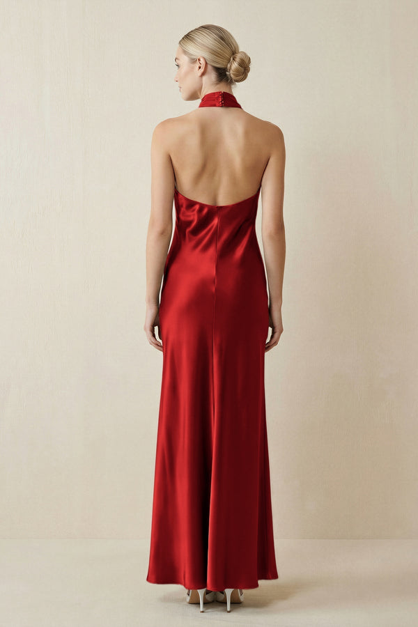 Halter Sheath Satin Bridesmaid Dress in Spice - KissProm Bridesmaid Dresses