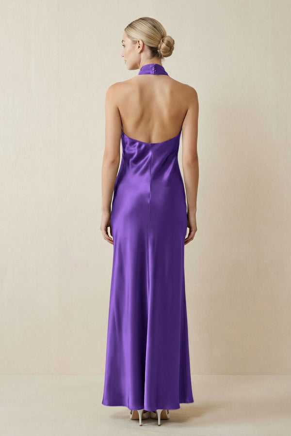 Halter Sheath Satin Bridesmaid Dress in Tahiti - KissProm Bridesmaid Dresses