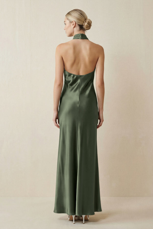 Halter Sheath Satin Bridesmaid Dress in Thyme - KissProm Bridesmaid Dresses