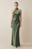 Halter Sheath Satin Bridesmaid Dress in Thyme - KissProm Bridesmaid Dresses