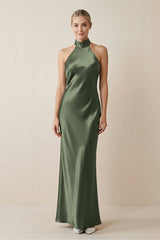 Halter Sheath Satin Bridesmaid Dress in Thyme - KissProm Bridesmaid Dresses