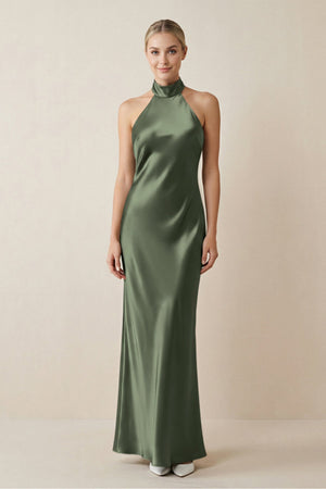 Halter Sheath Satin Bridesmaid Dress in Thyme - KissProm Bridesmaid Dresses