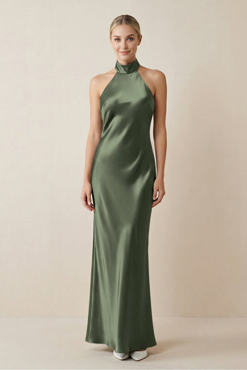 Halter Sheath Satin Bridesmaid Dress in Thyme - KissProm Bridesmaid Dresses