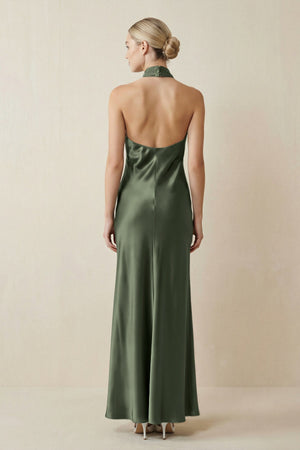 Halter Sheath Satin Bridesmaid Dress in Thyme - KissProm Bridesmaid Dresses
