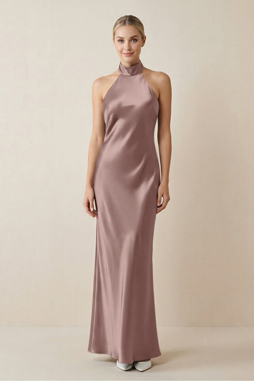 Halter Sheath Satin Bridesmaid Dress in Toffee - KissProm Bridesmaid Dresses