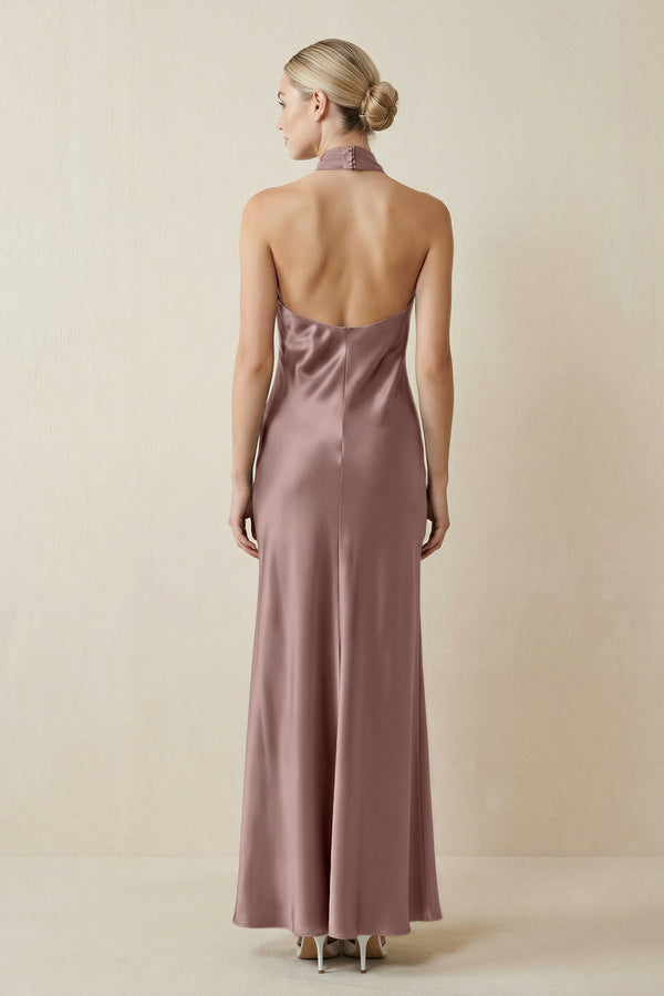 Halter Sheath Satin Bridesmaid Dress in Toffee - KissProm Bridesmaid Dresses
