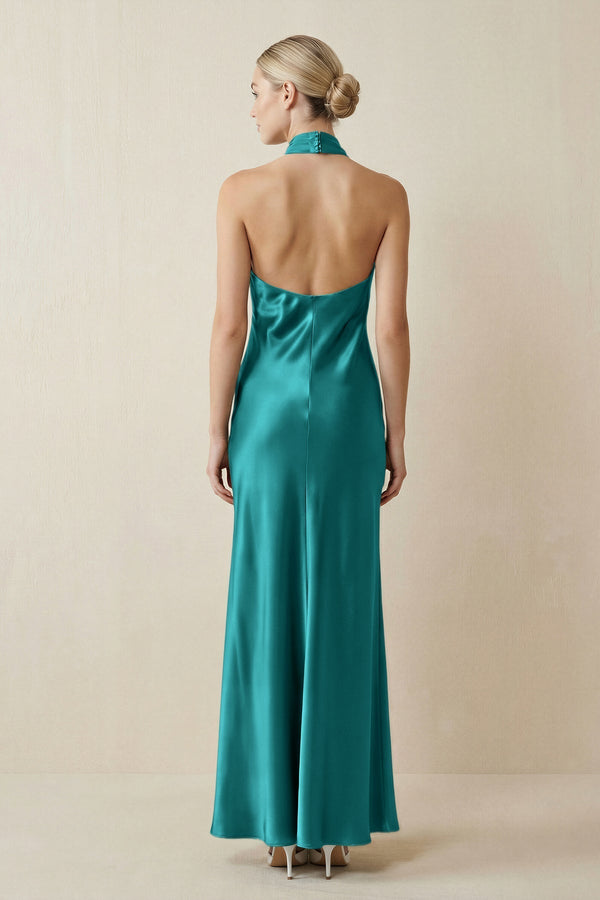 Halter Sheath Satin Bridesmaid Dress in Turquoise - KissProm Bridesmaid Dresses