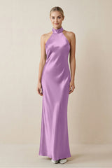 Halter Sheath Satin Bridesmaid Dress in Vintage Mauve - KissProm Bridesmaid Dresses