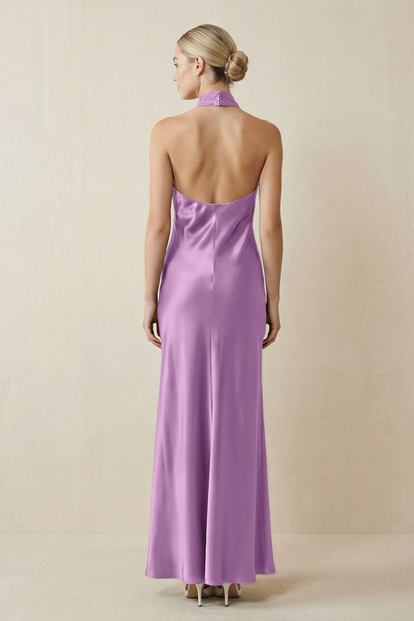 Halter Sheath Satin Bridesmaid Dress in Vintage Mauve - KissProm Bridesmaid Dresses