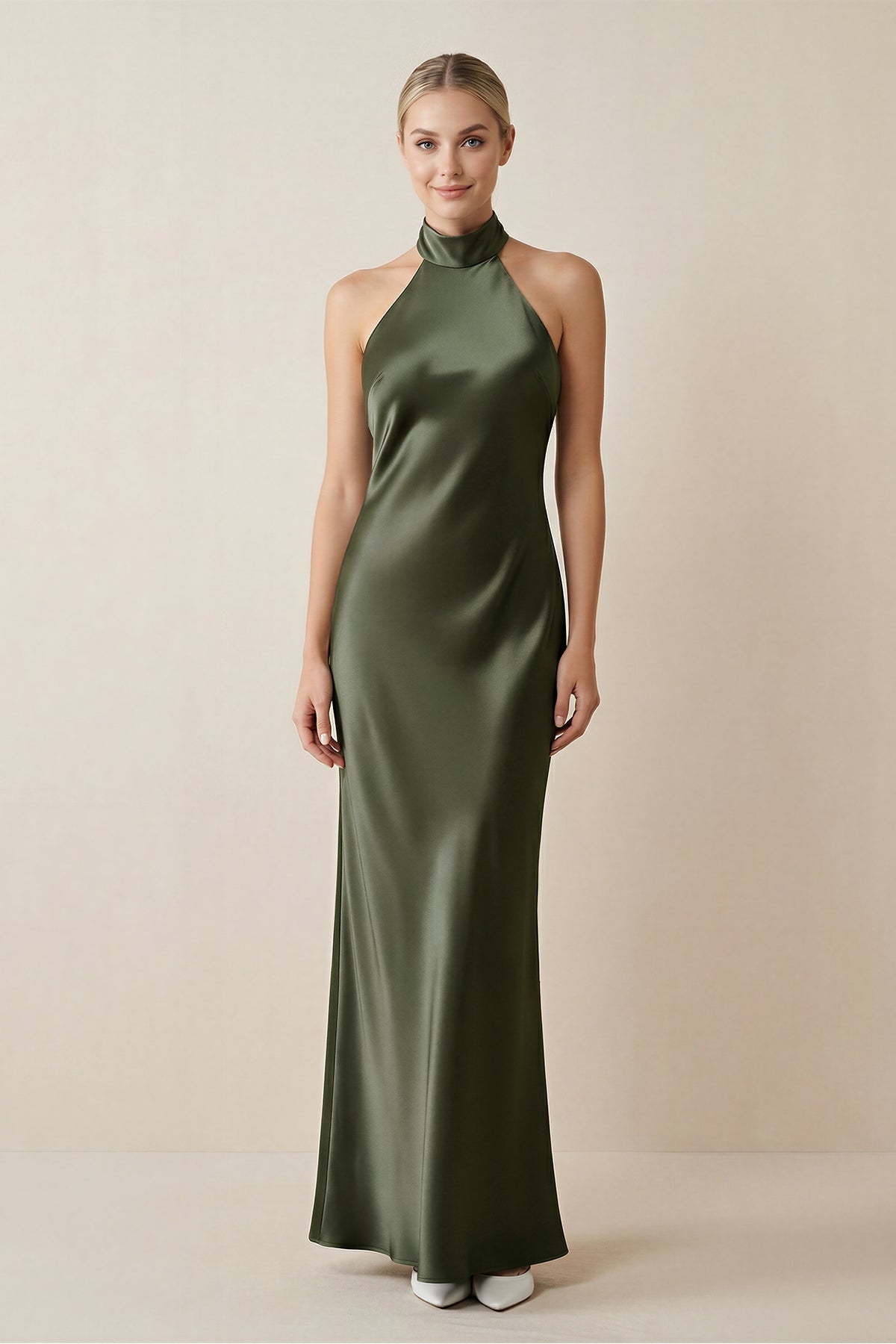 KissProm Halter Sheath Satin Bridesmaid Dress in Willow Green, Willow Green / 28